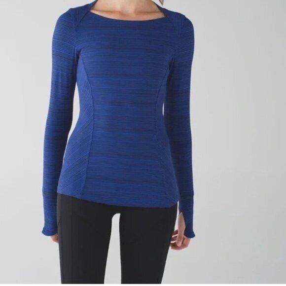 Lululemon Kanto Catch Me Long Sleeve Size 4 Stripe Sapphire Blue Black Top Shirt - Picture 1 of 11